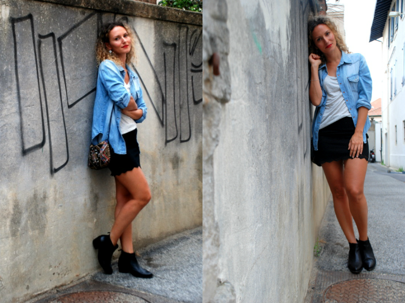 jupe dentelle lace skirt chemise jean denim shirt rock outfit french blogger blog mode toulouse rock my casbah